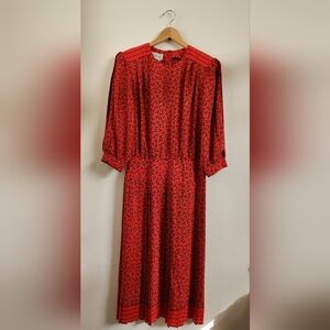Vintage 80s Secretary Style Dress Red Black Button-down Back Midi Size 12 NWT